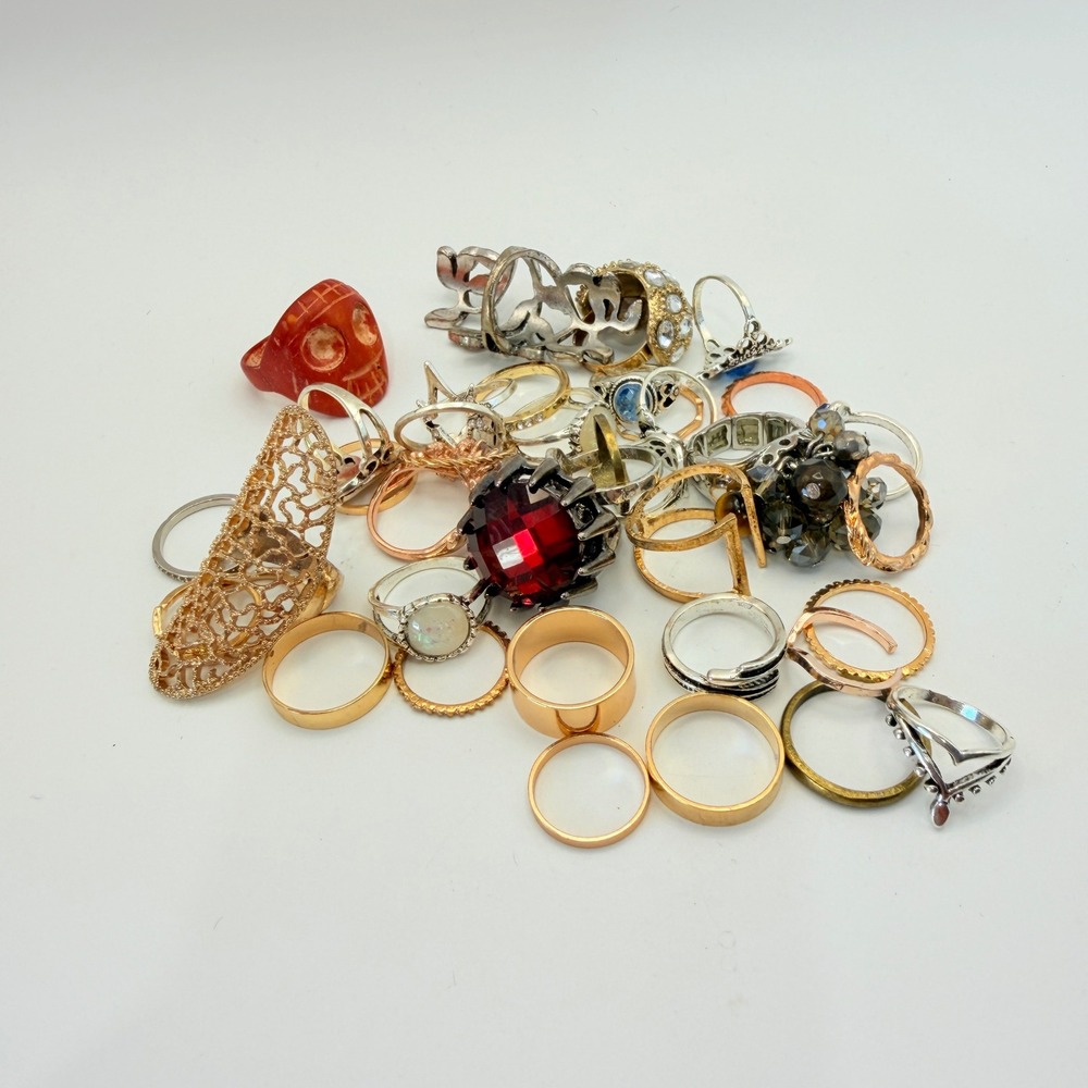 Fashion Ring Lot Mixed 25+ Gold Tone Silver Tone Red Skull Boho Stacking